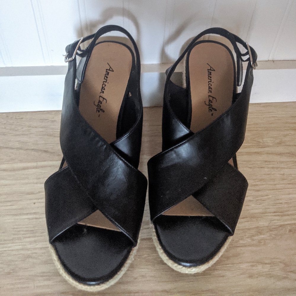 Black American Eagle cork Wedges Sandals Heels - Picture 2 of 4